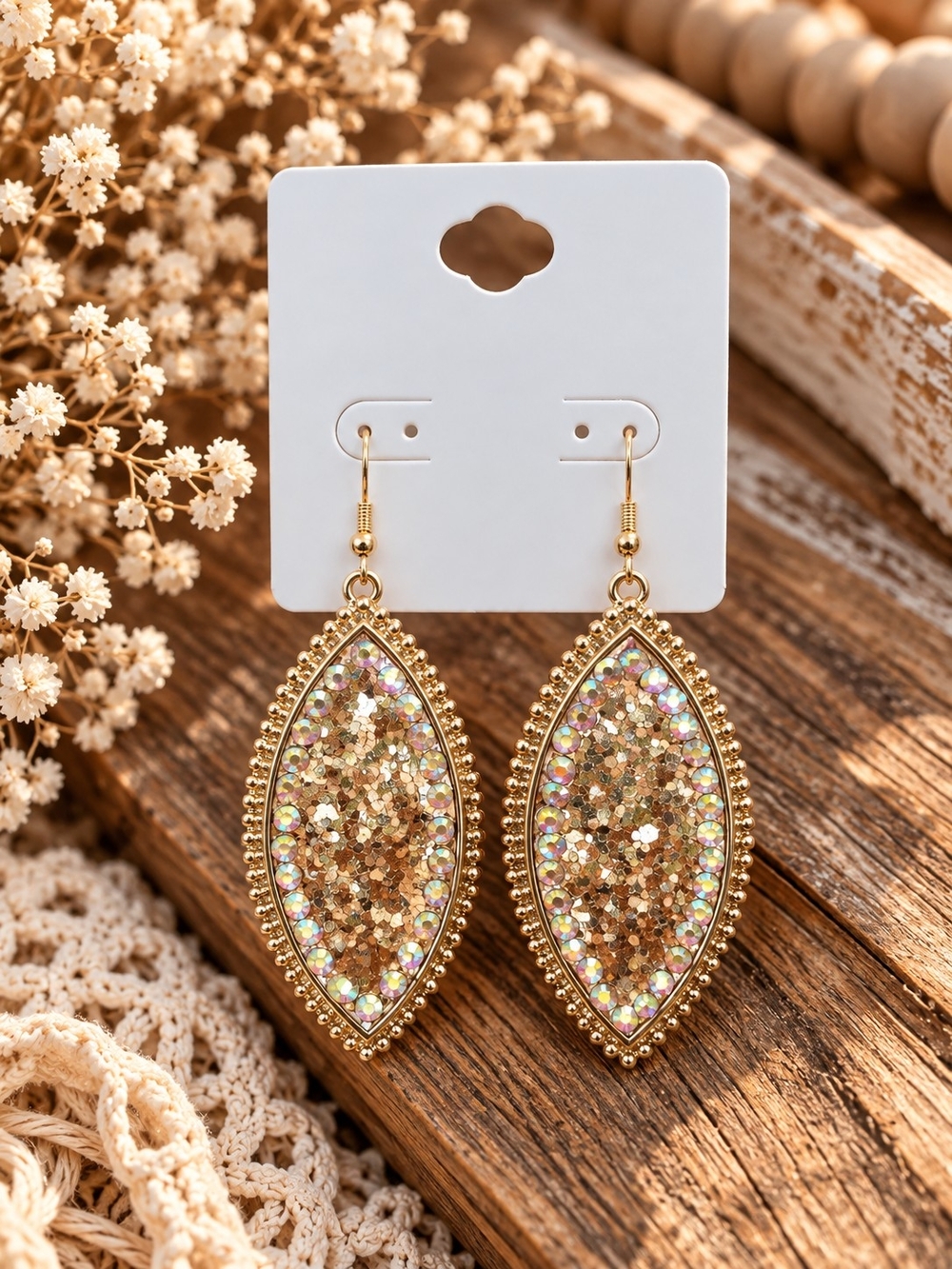 Sparkling Gold Tone Marquise Rhinestone Statement Earrings